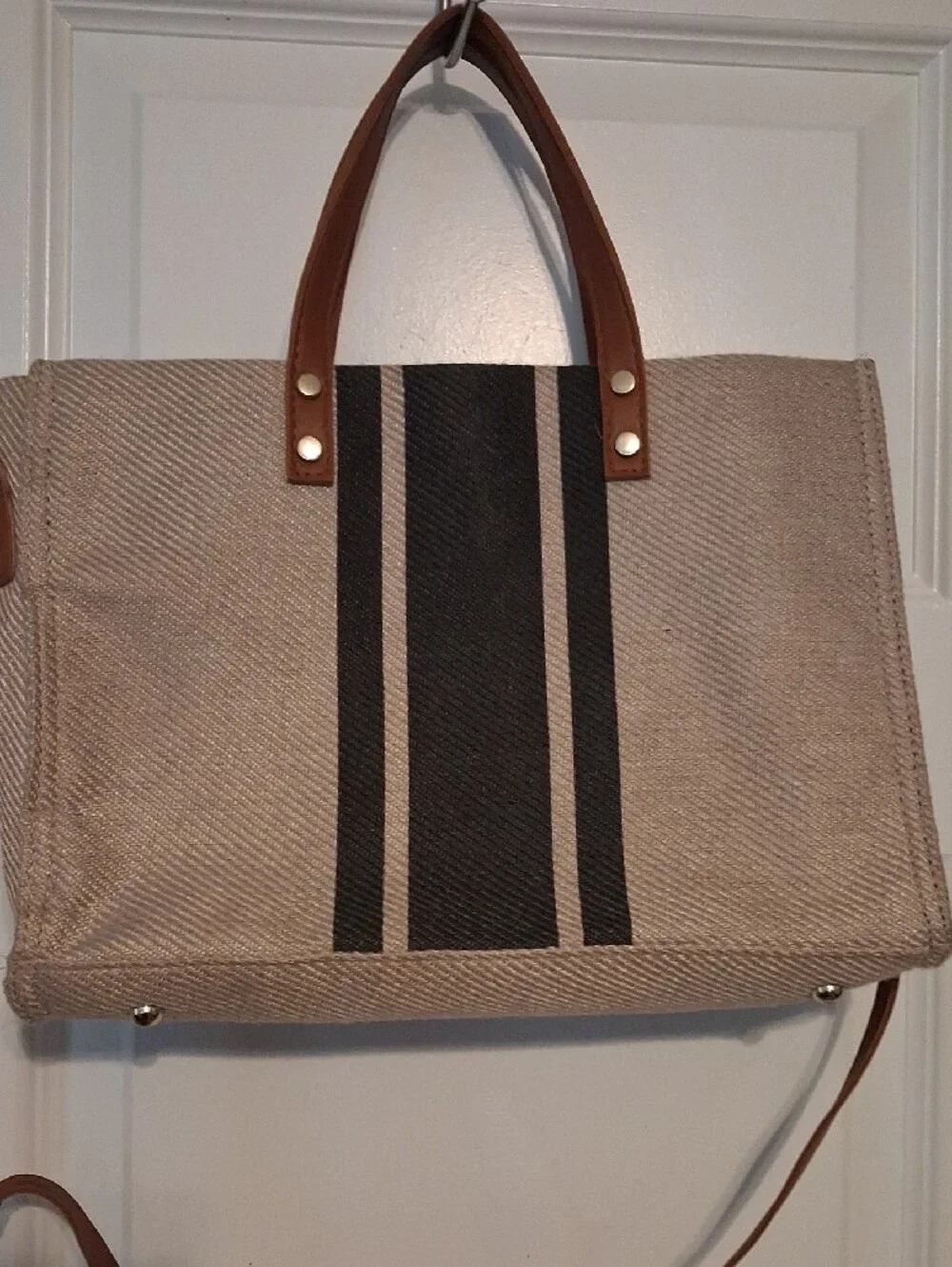 Canvas Tote Messenger Bag with Brown Trim and Black Stripe